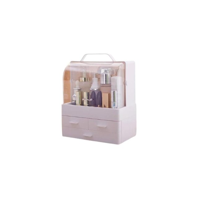 Makeup storage box with foundation tubes and lipstick inside for beauty organization.