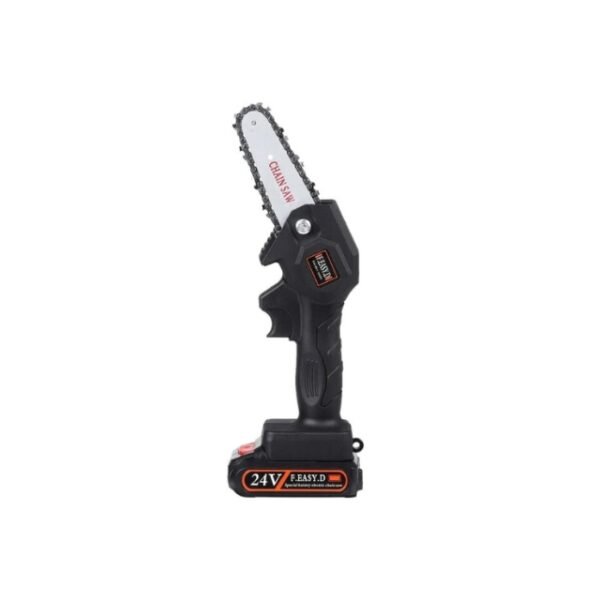 Mini cordless chainsaw 24V battery on white background.