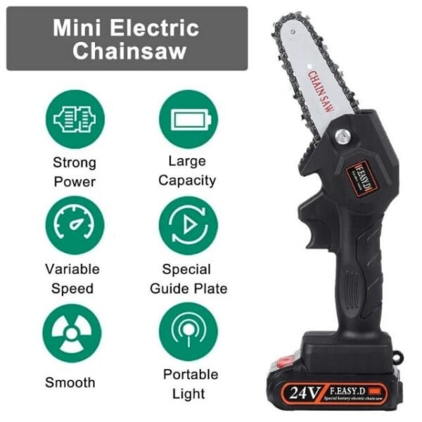 Mini cordless chainsaw with powerful features on a white background.