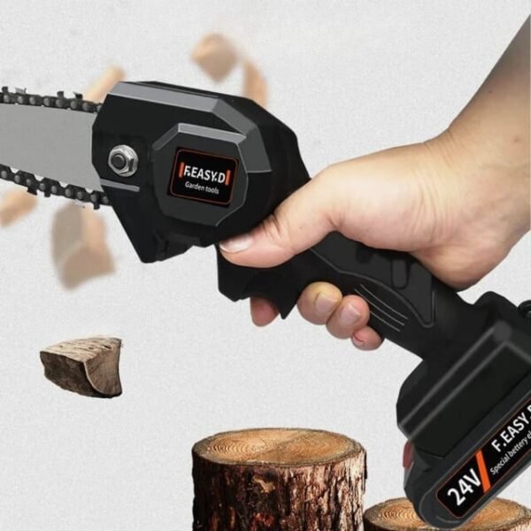 Mini cordless chainsaw cutting logs with built-in light.