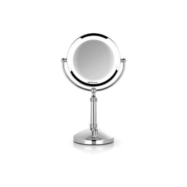 Back side view of rotatable Orbegozo makeup mirror in chrome.