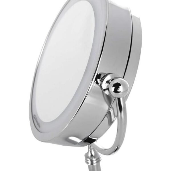 Close-up of high-end chrome finish on Orbegozo makeup mirror.