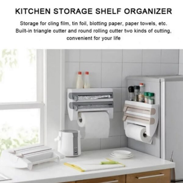 Organized kitchen with paper towel dispenser, perfect for cling film, tin foil, and blotting paper.