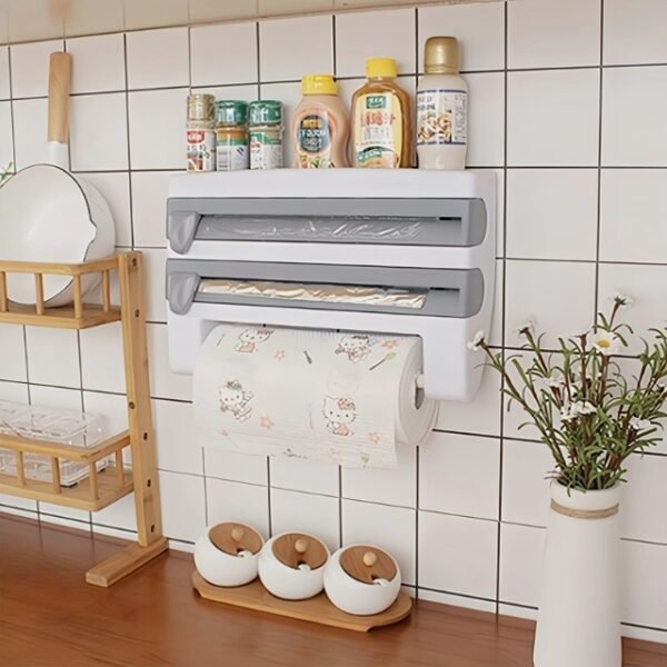 Kitchen paper towel dispenser with top shelf and 3 dispensing foils for organized use.