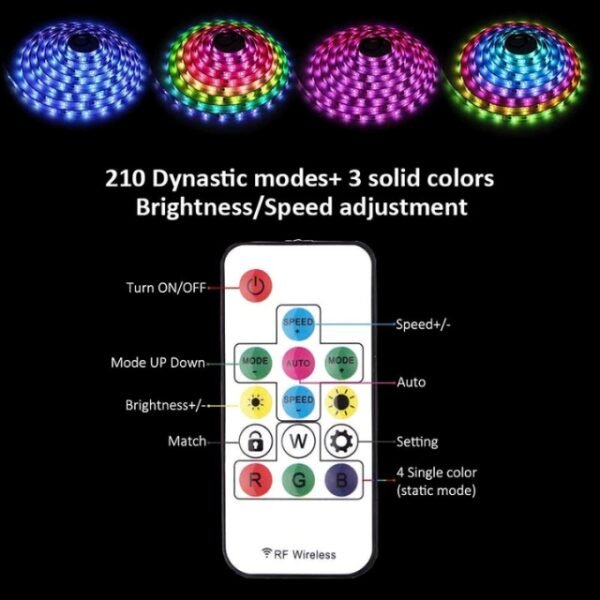 Remote-controlled RGB LED strip with adjustable settings.