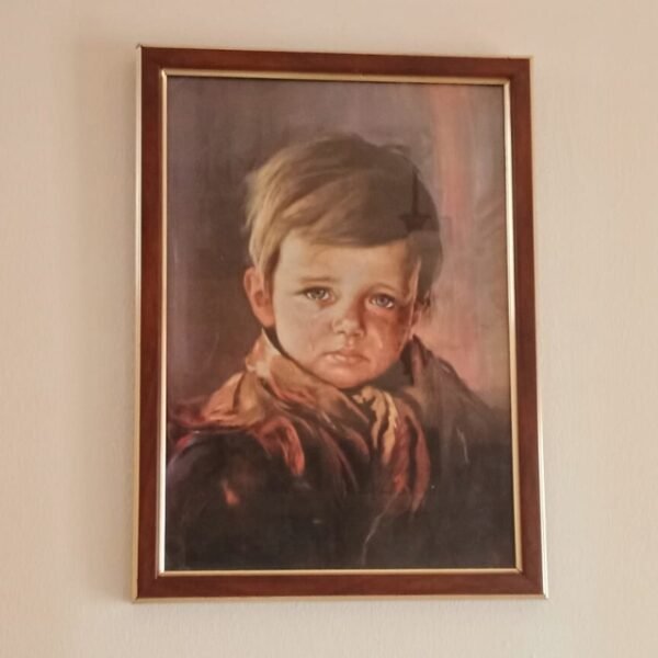 Sad child painting with brown and gold-striped border and warm tones.