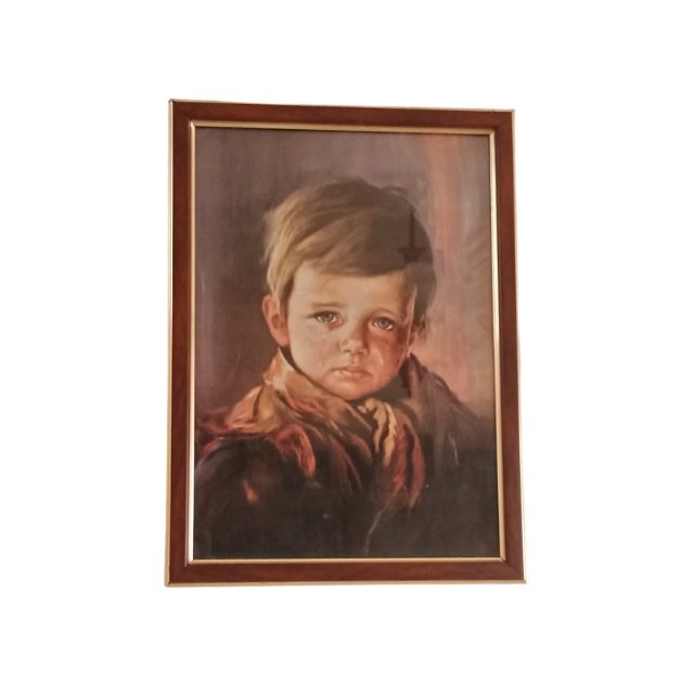 Isolated sad child painting with brown and gold-striped border, 37 x 27 cm.