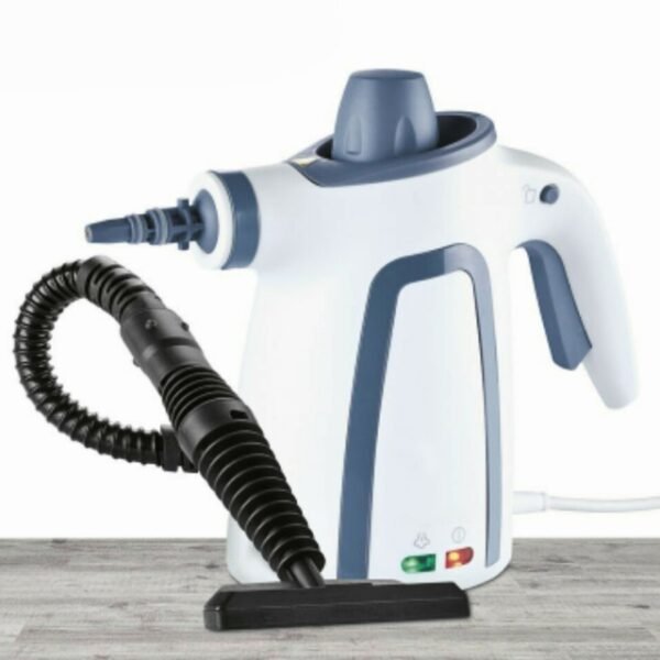 Stylish blue and white Switch-On steam cleaner on wooden counter for various surfaces.