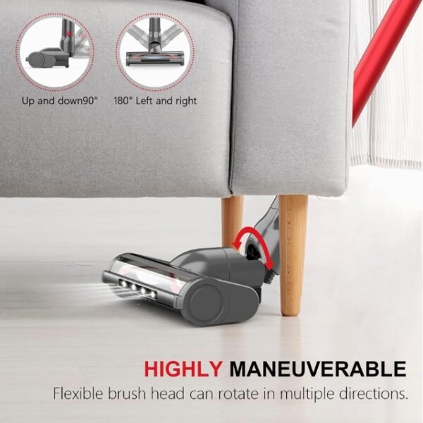 Highly maneuverable VCM Cordless Vacuum in action - 90-degree angles up/down, 180-degree angles left/right.