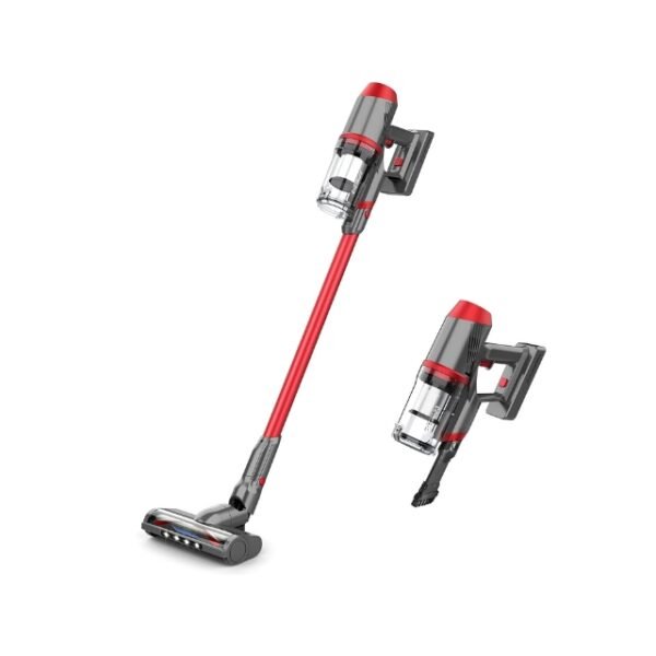 Red and grey VCM Cordless Vacuum, modern design, placed on a clean white background.