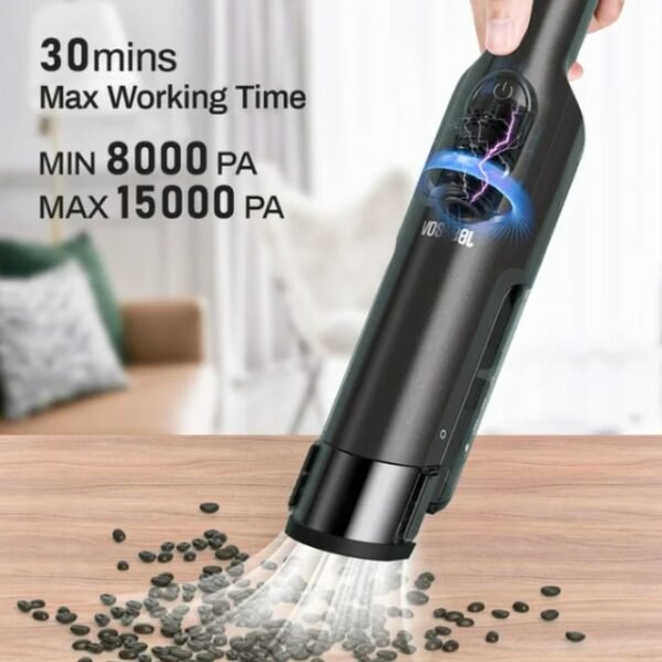 Rechargeable handheld vacuum with max 30 min runtime.