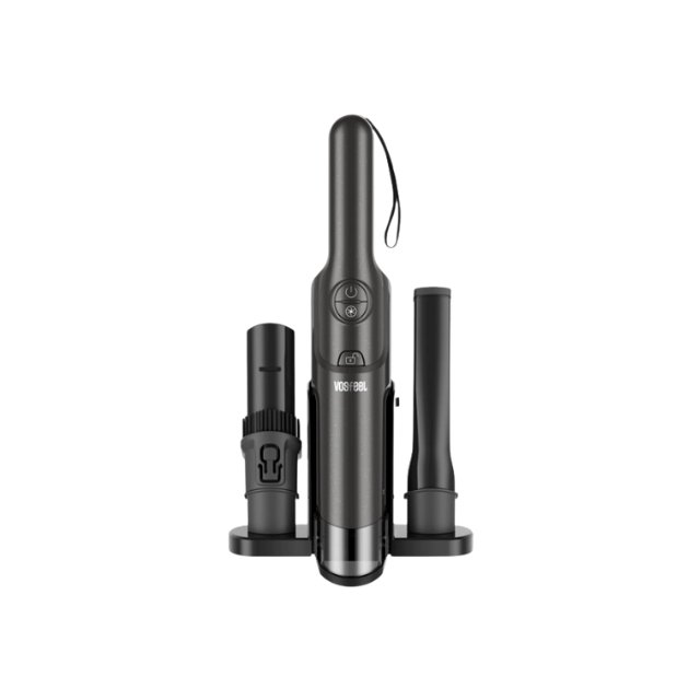 Vosfeel handheld vacuum cleaner in stylish black with attachments.