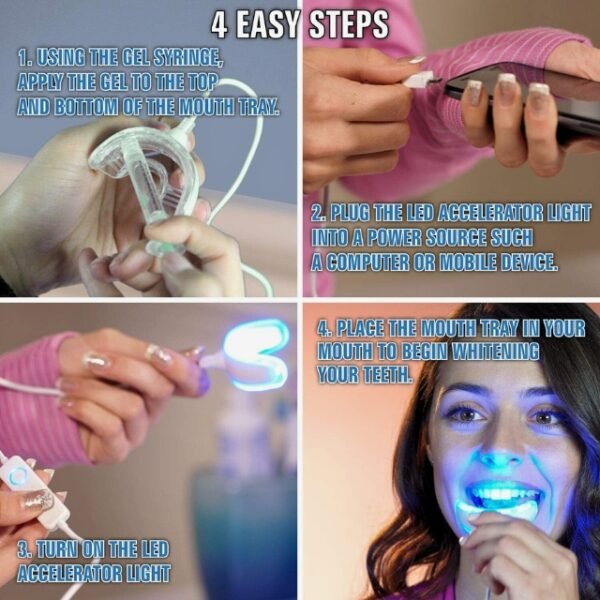 Easy 4-Step White Smile Process with Whitening Gel and LED Light.