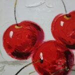 Close-up view of 3 cherries canvas painting, vibrant colors perfect for wall art.