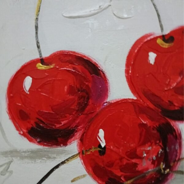 Close-up view of 3 cherries canvas painting, vibrant colors perfect for wall art.