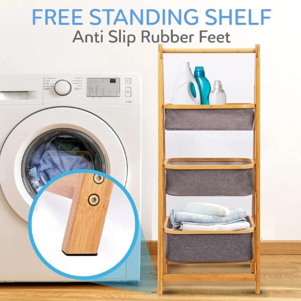 Free-standing 3-tier laundry rack with natural bamboo construction.