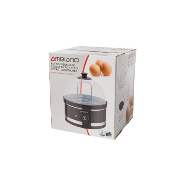 Neat white package of Ambiano egg cooker, crafted in Germany.