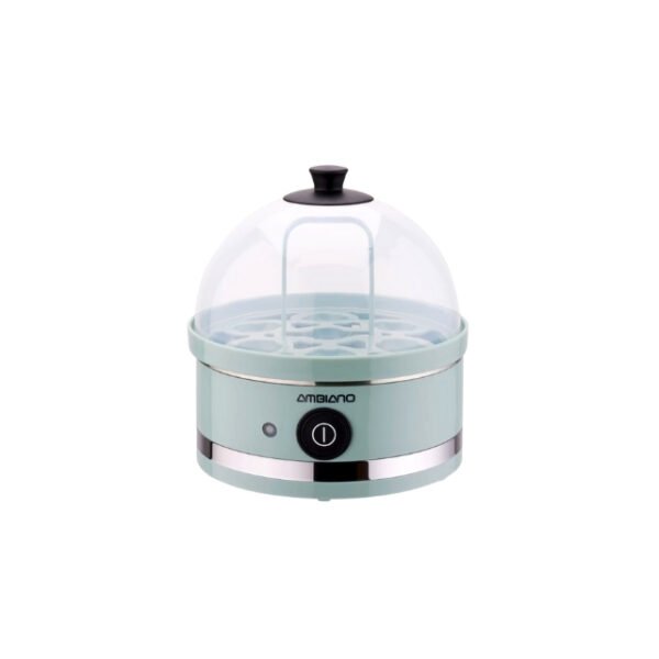 Cyan Ambiano egg cooker with one-button operation, top lid, boils 7 eggs.