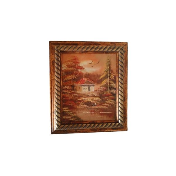 Autumn home painting with brown ornate border on white background.