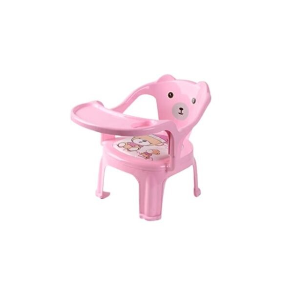 Pink baby high chair with large meal tray.