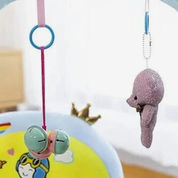 Blue Baby Sitting Chair with Hanging Toys for Playful Moments.