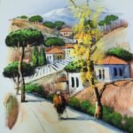 Close-up view of vivid countryside walk painting with bold and soft strokes.