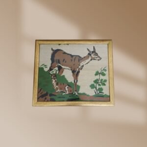Couple Deer Textile Portrait, Light Brown Border 33.5 x 39.5