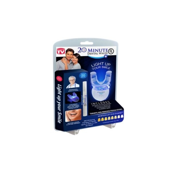 Dental white teeth kit package: Whitening pen, gel tray, LED light, vitamin E swabs.