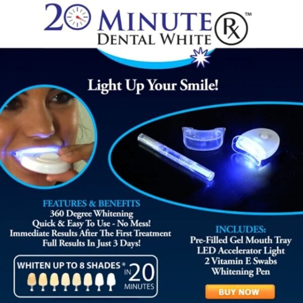 20-Minute Dental White: LED accelerator for 360-degree results, up to 8 shades.