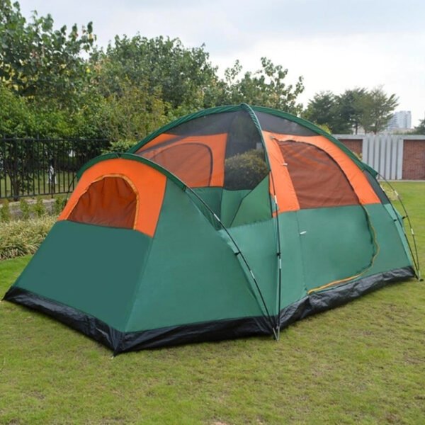 Durable aluminum and woven fabric family tent.