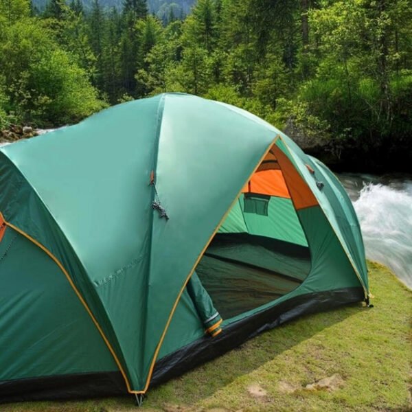 Convenient assembly of a family-sized camping tent.