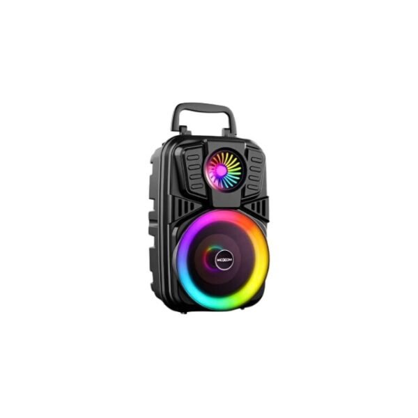 Portable black Moxom speaker with RGB lights and multifunctional interface.