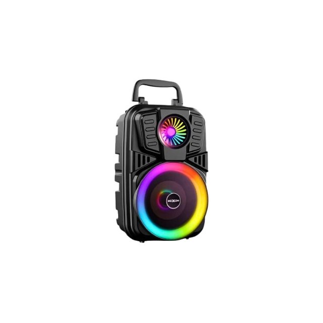 Portable black Moxom speaker with RGB lights and multifunctional interface.