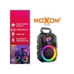 Compact black Moxom wireless speaker with RGB lights and Bluetooth.