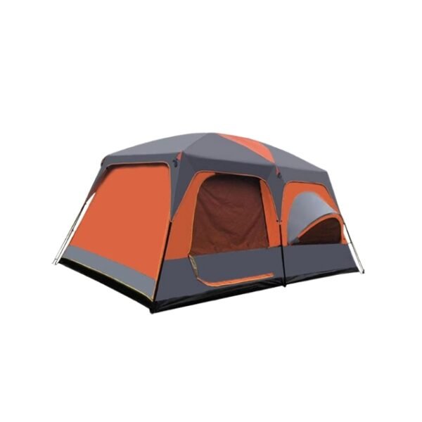 Outdoor camping tent in grey and orange with metal rods and rope.