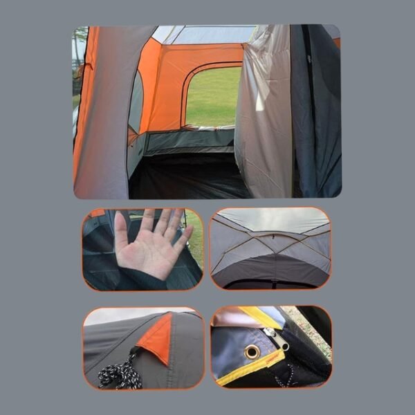 Feature-packed outdoor camping tent with mesh fabric and multiple compartments.