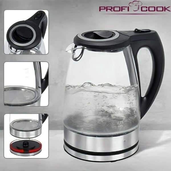 Detailed views of Proficook kettle components - base, glass, and lid.