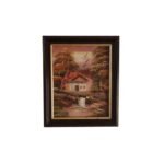 Village house painting with warm tones and brown border on white background.