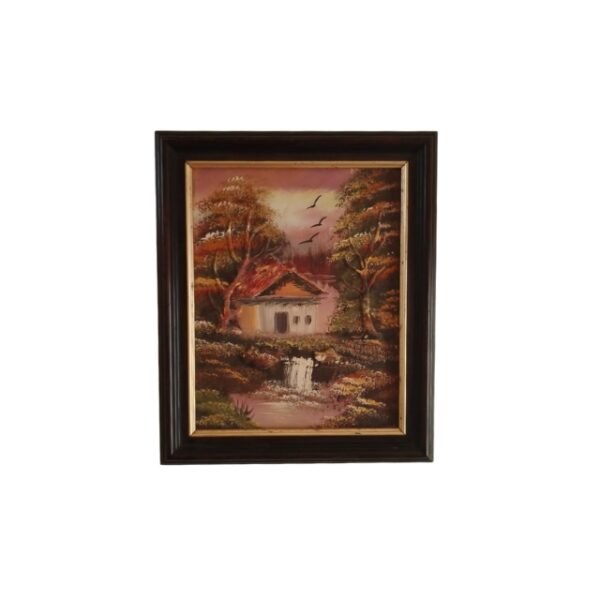 Village house painting with warm tones and brown border on white background.