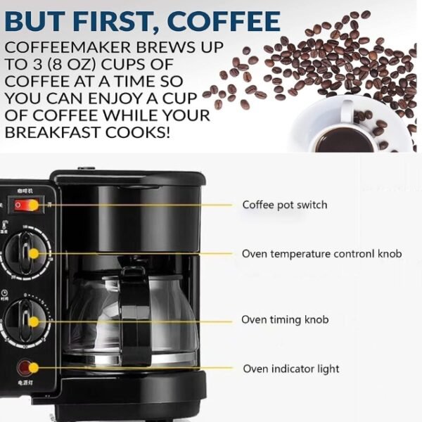 Detailed view of 3-in-1 breakfast maker's controls and coffee switch.