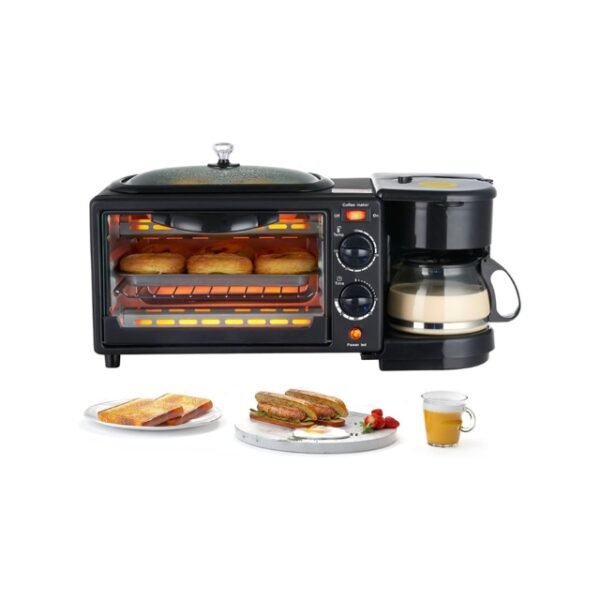 3-in-1 breakfast maker with griddle, oven, and coffee maker.