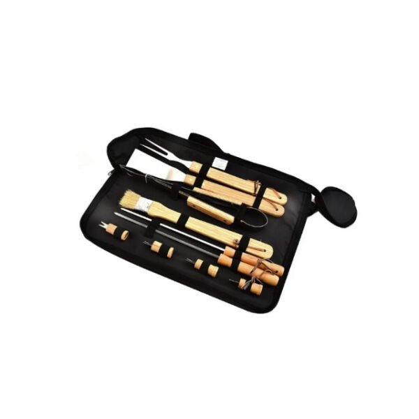 BBQ 10-piece tool set neatly stored in storage bag.