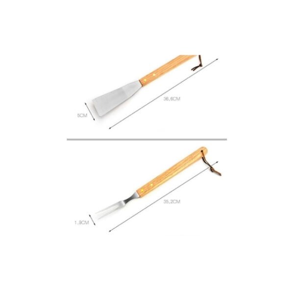 Compact measurements of fork and shovel in BBQ 10-piece tool set.