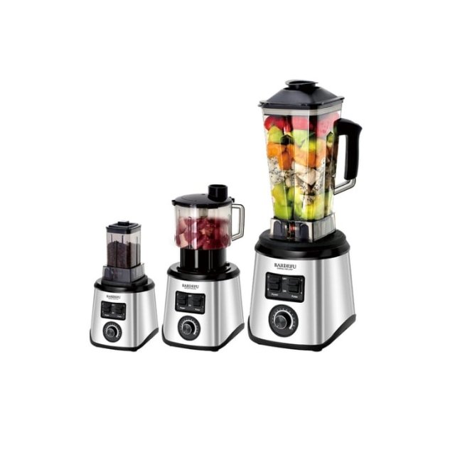 Sleek stainless steel Bardefu 3-in-1 blender with grinder and chopper heads – your kitchen multitasking solution.