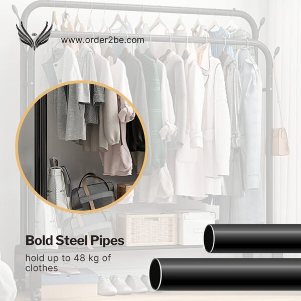 Elevate organization with our double steel cloth rack, supporting up to 48kg.