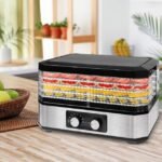 Kitchen counter setup of Dessini food dehydrator, 5 layers for fruit and vegetable drying.