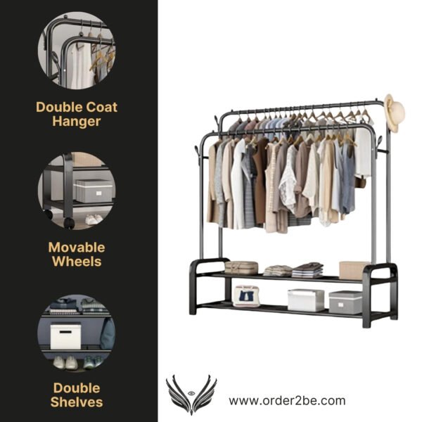 Double steel cloth rack with sturdy pipes, movable wheels, and dual lower shelves.