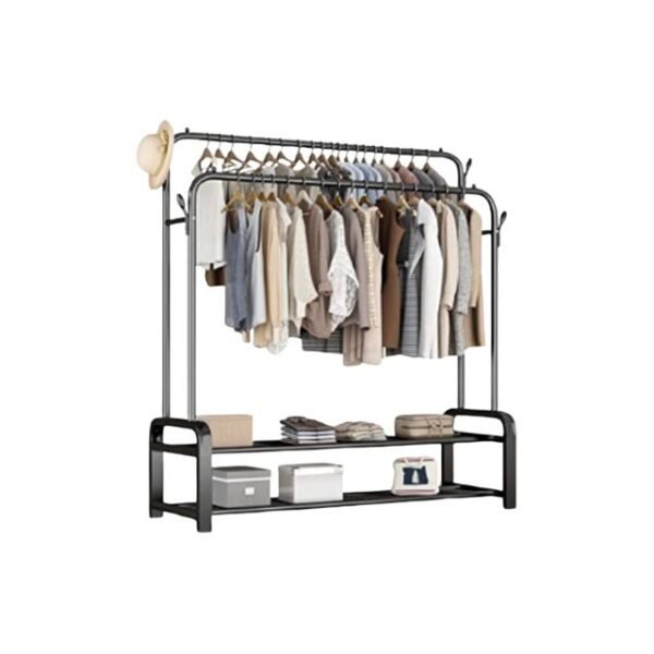 Double steel cloth rack displaying shirts, featuring lower shoe shelf in black.