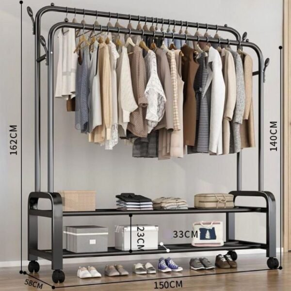 Large-sized double steel cloth rack, measuring 162 x 150 cm, provides ample clothes storage.