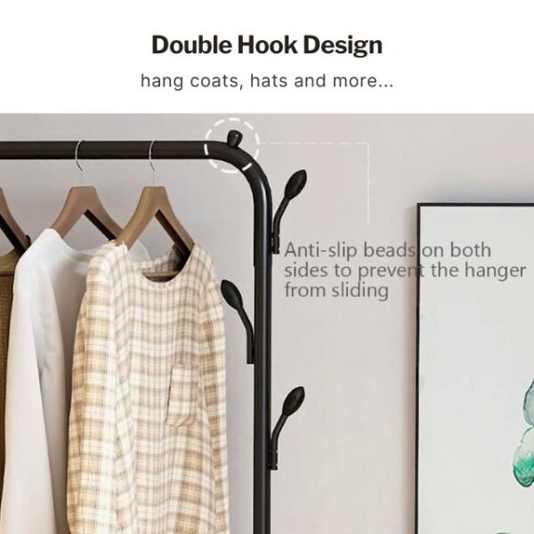 Double hook design on steel cloth rack for organized hanging of coats, hats, and more.